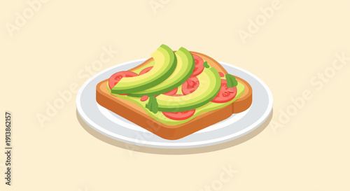 Simple avocado and tomato toast on a white plate, light background