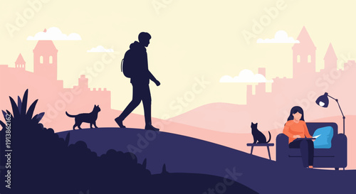 Silhouettes of people and cats against a city skyline at dusk