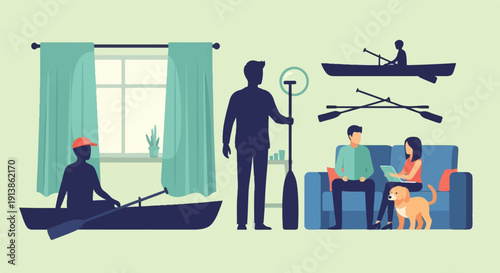 Silhouettes of people and a dog in a room with canoeing imagery