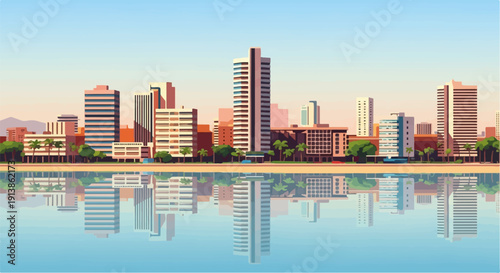 Stylized cityscape with tall buildings reflecting in calm water under a clear sky