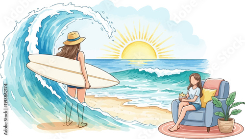 Serene beach scene with a surfer and a woman relaxing by the ocean at sunset