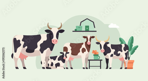 Stylized cows and farm elements arranged in a flat design