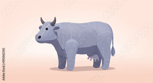 Stylized cow with blue-grey striped pattern standing on a pinkish surface