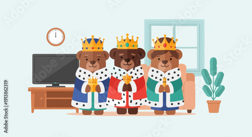 Three cartoon bears in royal attire hold crowns in a living room