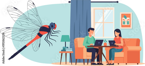 Stylized dragonfly hovers near two people working remotely on laptops in a room