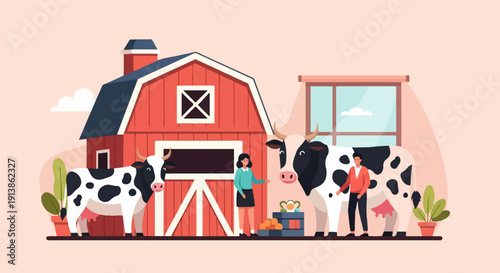 Stylized farm scene with cows, barn, and people