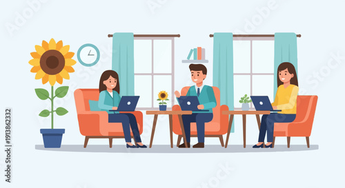 Three colleagues in a bright, cozy room working on laptops