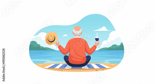 Serene man meditating by the ocean with a hat and drink, enjoying nature
