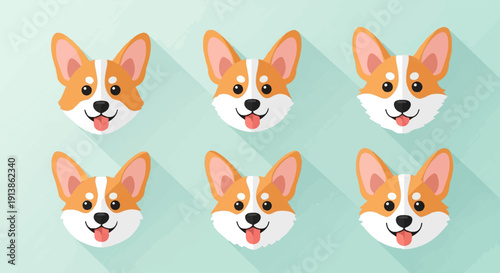 Six smiling corgi dog faces in a grid pattern