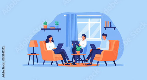 Three colleagues work on laptops in a comfortable, modern office setting