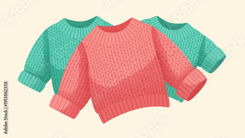 Three cozy knitted sweaters in coral pink and teal colors