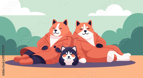 Three cute cartoon dogs in orange coats are relaxing outdoors