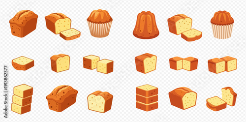 Set of delicious pound cake, cupcake, and bundt cake illustrations, perfect for bakery and dessert themes.