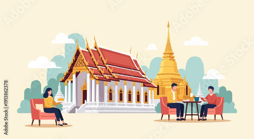 Serene scene with traditional temple and people relaxing outdoors