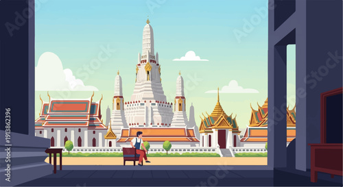 Serene Southeast Asian temple complex viewed through a dark architectural frame