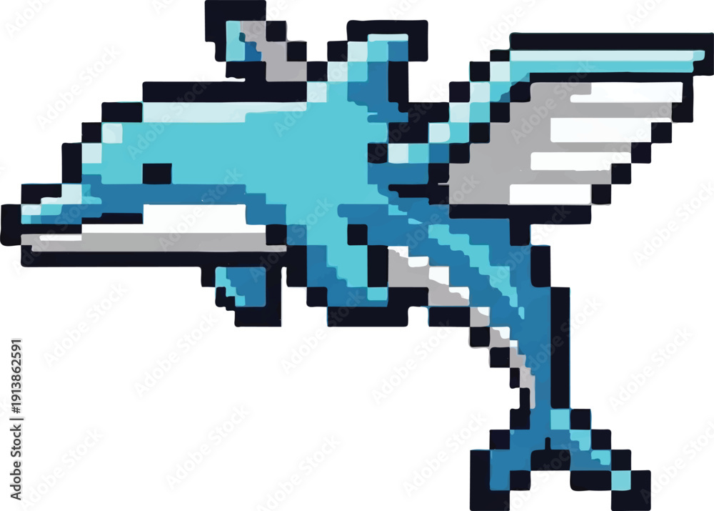 Fototapeta premium Pixelated dolphin with wings isolated on white background