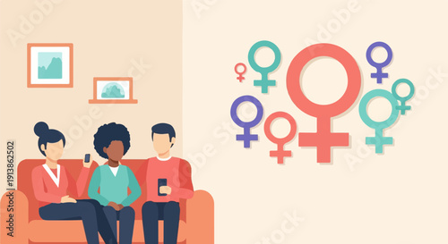 Three diverse people sit on a couch, while female symbols float nearby