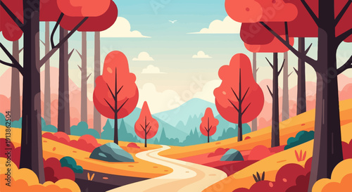 Stylized forest path with red foliage and distant blue mountains