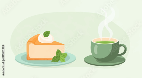 Slice of cheesecake with whipped cream and mint, next to steaming cup of green tea