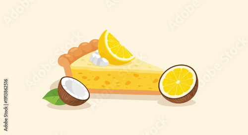 Slice of lemon coconut pie with fresh fruit and cream topping