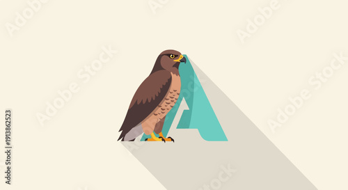 Stylized hawk perched beside a large aqua letter A with long shadow