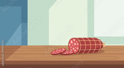 Sliced salami rests on a wooden surface in front of a wall