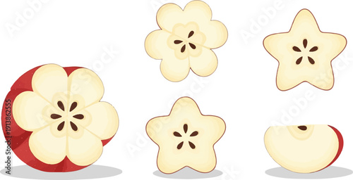 Sliced red apple showing star, flower, and round shapes with seeds