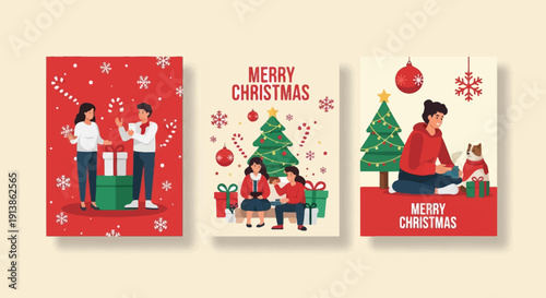 Three festive square illustrations with Christmas themes gifting, trees, and a person with a dog