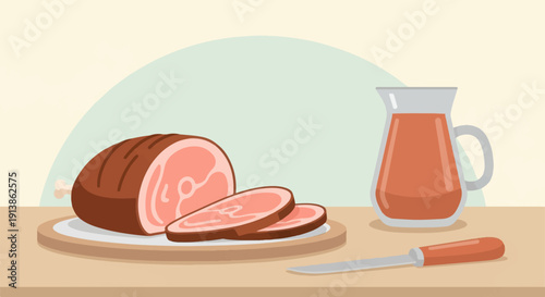 Sliced roast ham and a pitcher of juice with a knife