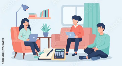 Three people collaborate on laptops in a cozy living room setting