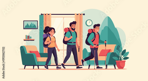 Three hikers with backpacks and poles walk into a room with furniture