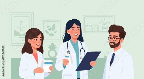 Smiling medical professionals in white coats interact in a light green clinic