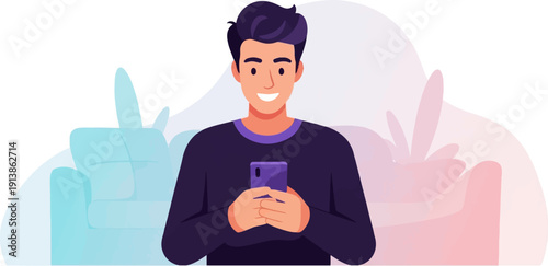 Smiling person holding a mobile phone with a sofa and abstract shapes behind