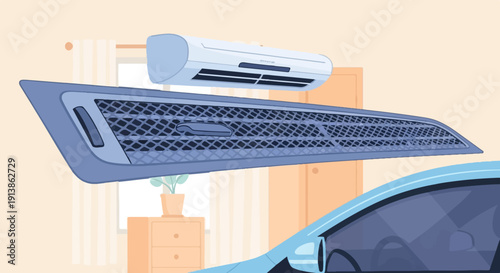 Stylized illustration of car vent and air conditioner unit with room interior background