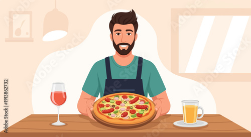 Smiling man holds pizza at table with wine and juice