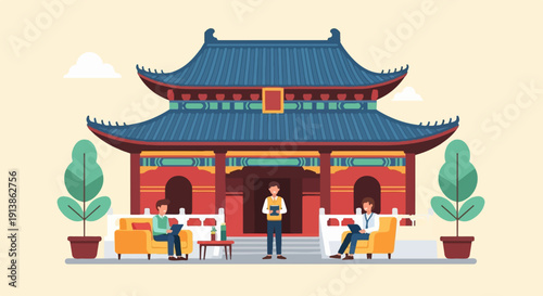 Three people relax in a courtyard in front of a traditional building