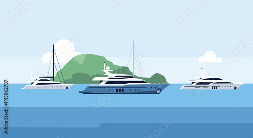 Three luxury yachts float on calm blue water near a green hilly island