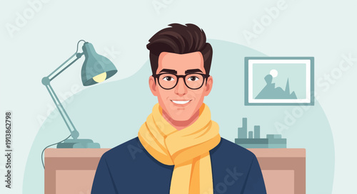 Smiling young man with glasses and a yellow scarf, indoor office setting