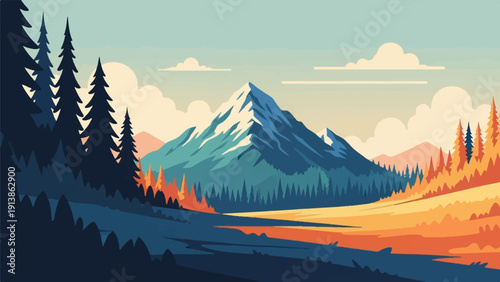 Stylized mountain vista with snow-capped peaks and autumnal forest