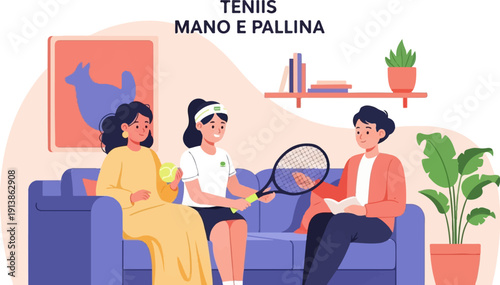 Three people relaxing on a couch with tennis equipment