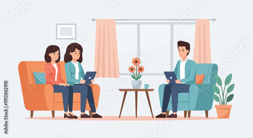 Three people in a living room using laptops, with decor