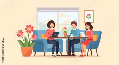 Three people sit at a table with laptops and coffee, in a bright room