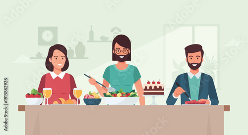 Three people sit at a table with food and cake