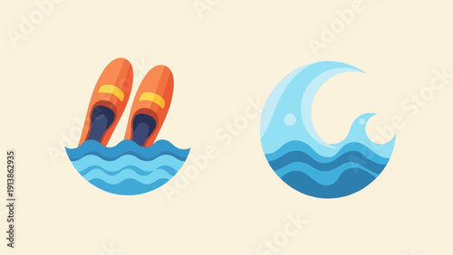 Stylized orange skis dip into blue water beside a blue wave icon