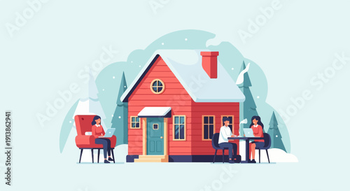 Snowy winter scene with people working remotely in a cozy red house