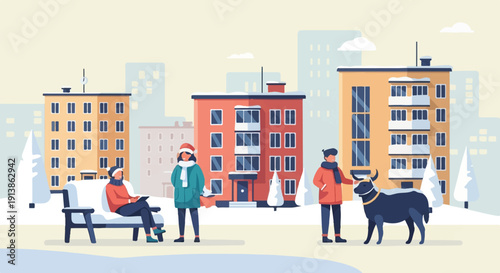 Snowy urban scene with people, buildings, and a bull