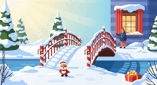 Snowy winter scene with a decorated bridge, festive lights, and a person