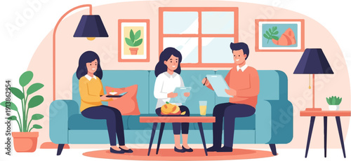 Three people sit on a couch in a living room, looking at tablets