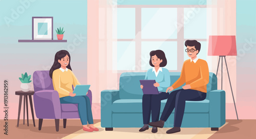 Three people in a modern living room having a discussion with a therapist
