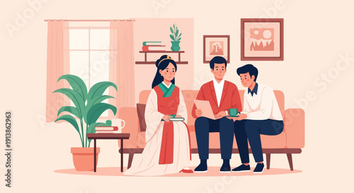 Three people sit on a sofa in a room with a plant and pictures